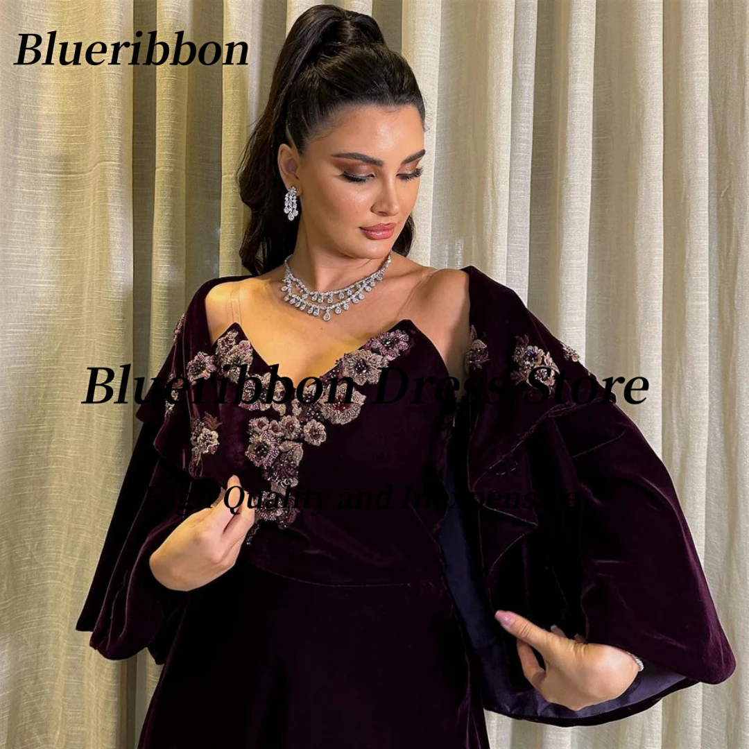 Blueribbon-فساتين A Line من القطيفة الناعمة للنساء ، الحفلات المسائية ، مزينة بالخرز على شكل قلب ، فستان حفلة موسيقية ، دبي ، فساتين أعياد الميلاد