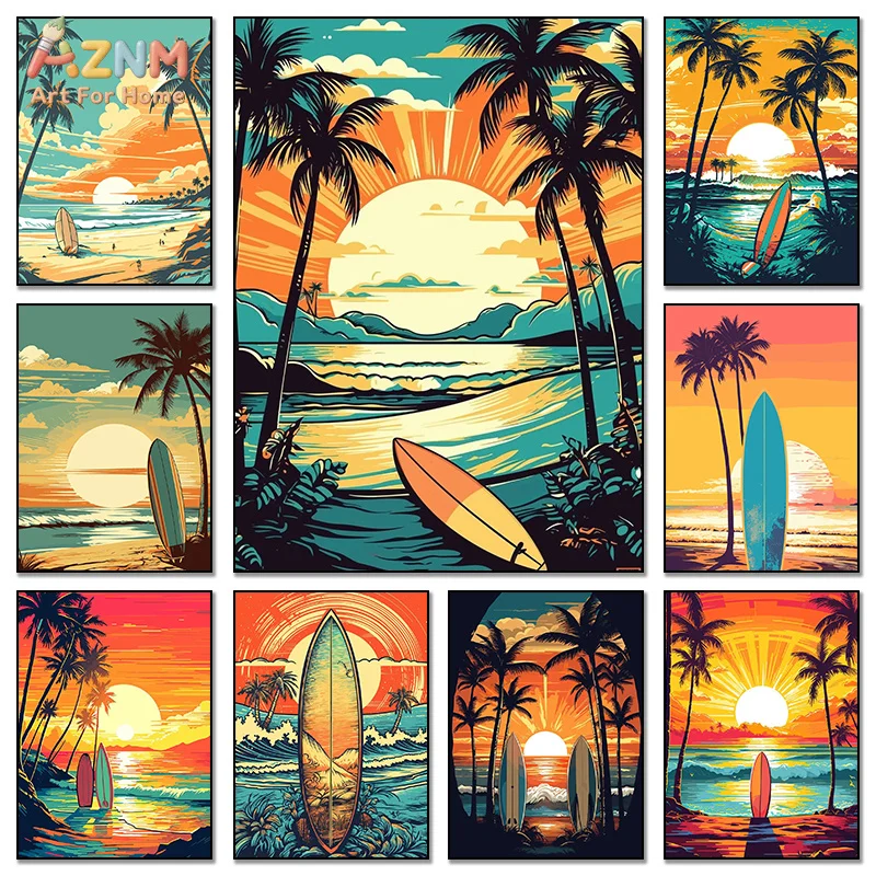 AZNM Retro Surf Sunset Beach Palm Tree Tropical Canvas Wall Art Print Decor