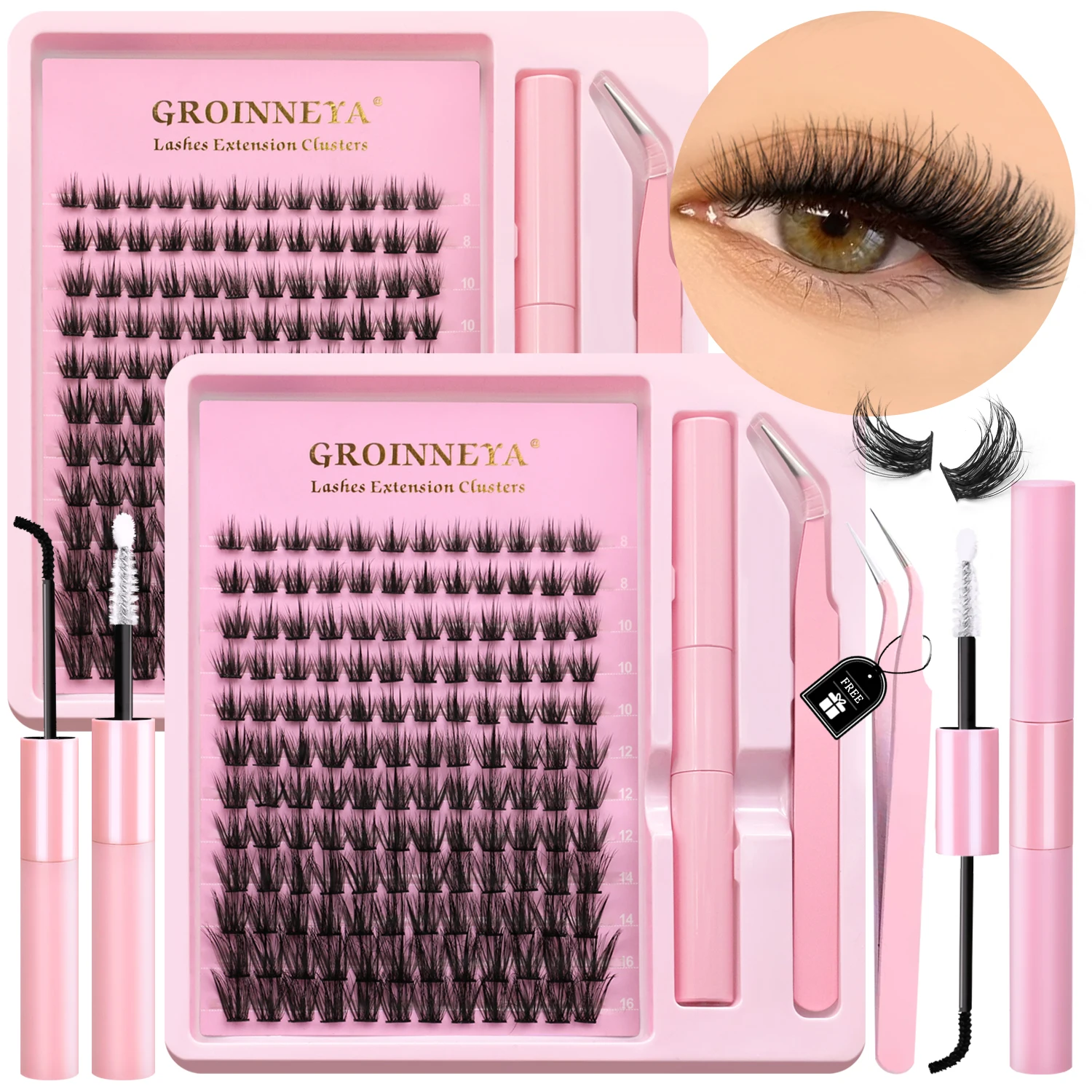 GROINNEYA DIY Wimpern-Cluster-Set, individuelle falsche Wimpern, Wispy Cluster, Nerz-Wimpernverlängerung mit Wimpernbindung und Siegel-Make-up