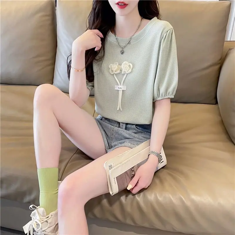 Zomer Casual Dagelijks Dames T-shirt met korte mouwen Bloemenapplicaties Effen T-shirt Dames Elegant T-shirt Korte pofmouwen T-shirts