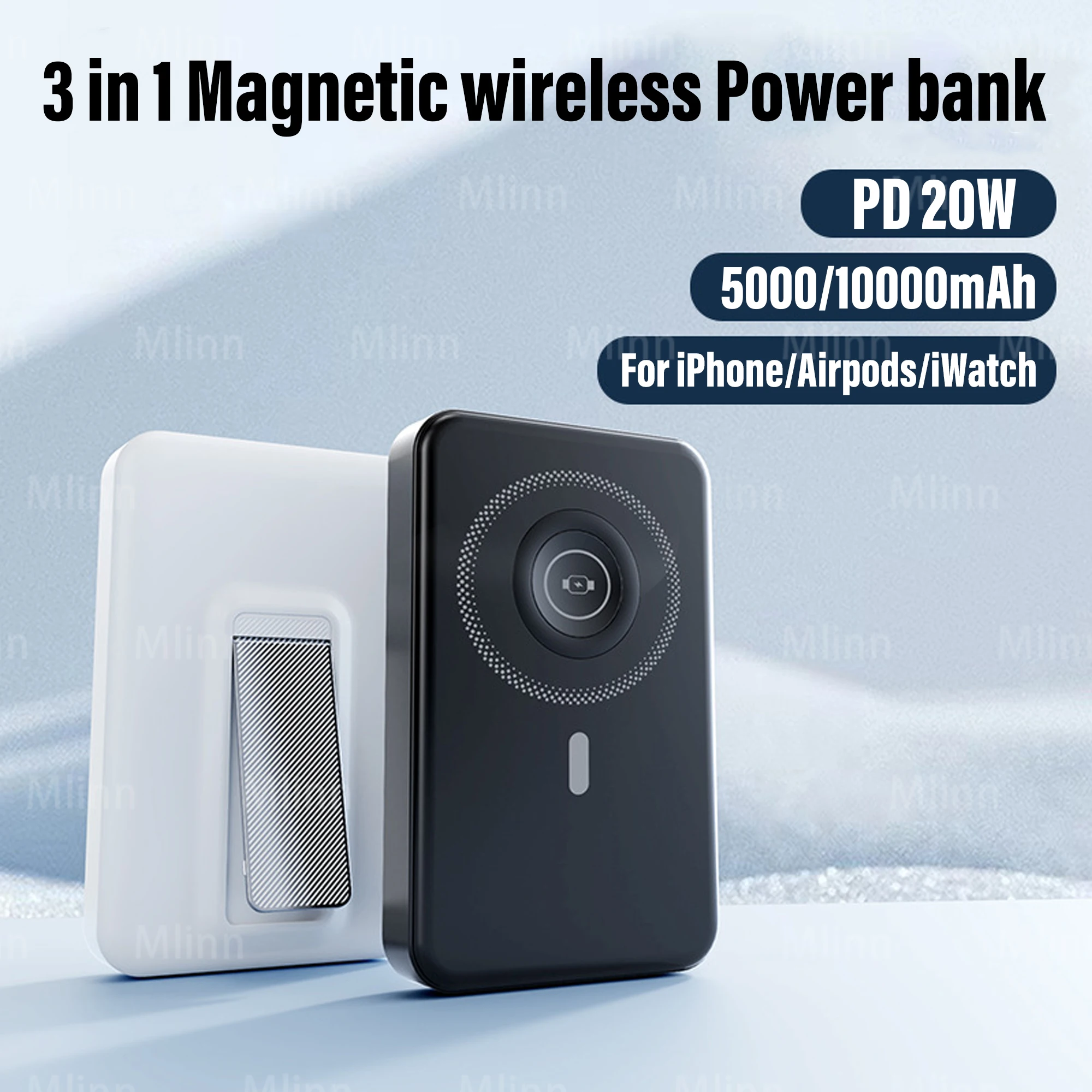 10000mAh Magnetic Wireless Power Bank 3 in 1 Portable Auxiliary Battery PD20W Fast Charging For iPhone 16/15/14/13/12 Watch