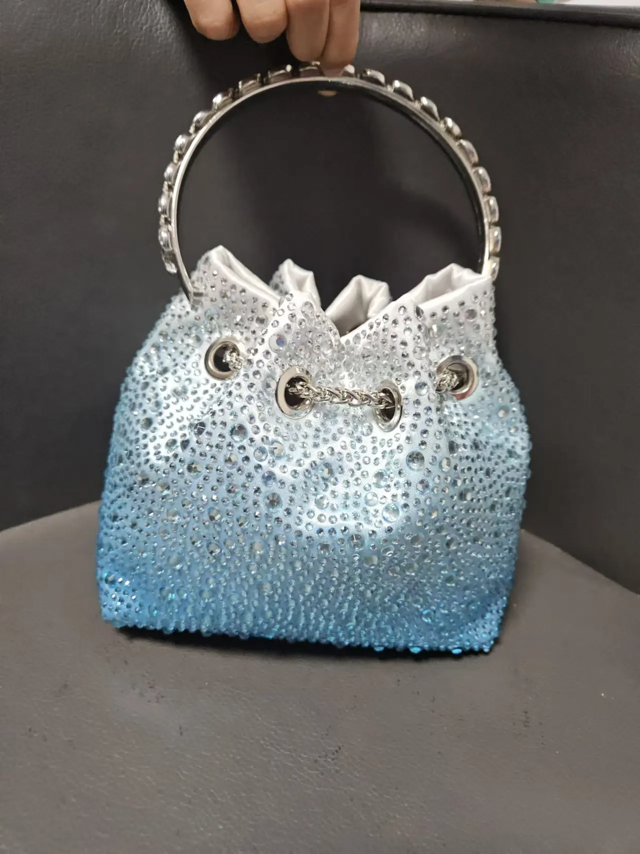 2024 New Blue Shining  Rhinestone Bucket Bling Purse Evening Bag For Women