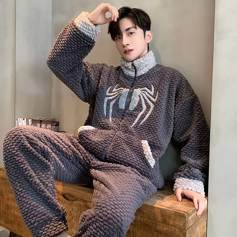 2024 New Men's Pajamas Men's Autumn Winter Loungewear Coral Velvet Thickened Sleepwear Warm Youth Zippered Flannel Homewear