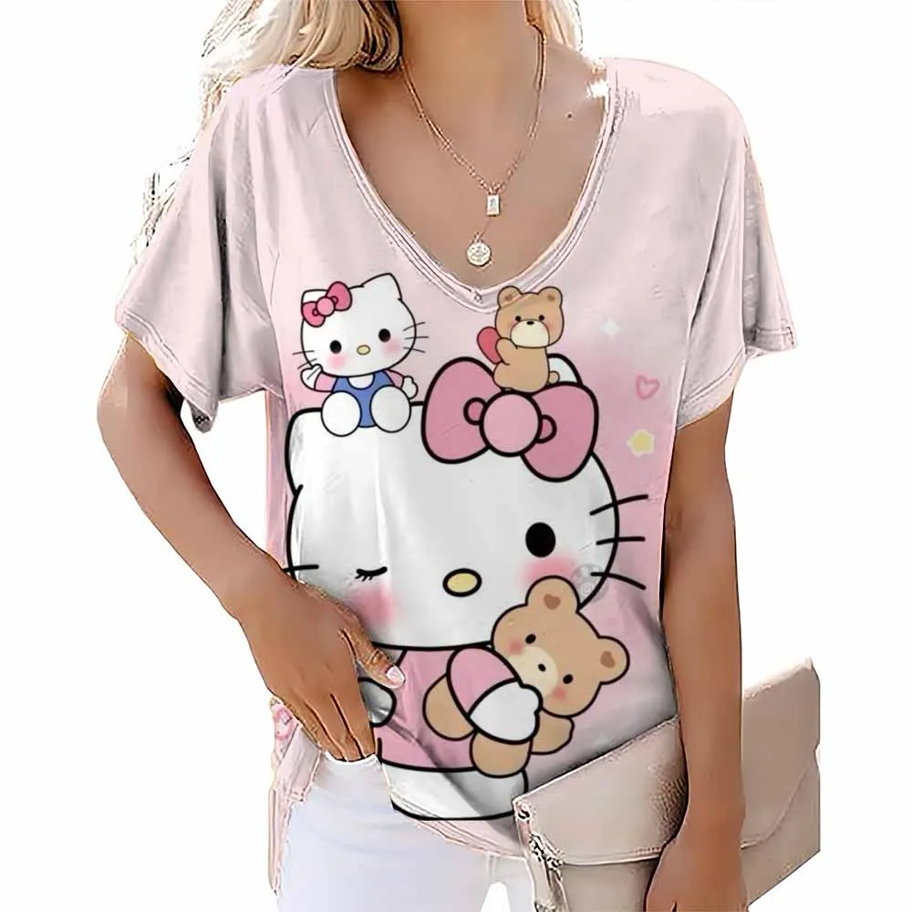 Fashion Women's T-shirt Hello Kitty V-neck Printed Women's Clothing Street Clothing Girls Fun T-shirt New Harajuku Top T-shirt