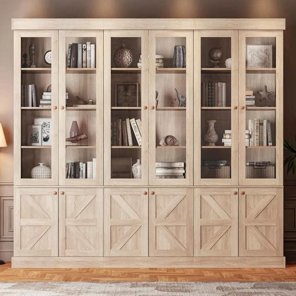 

71"" Tall Farmhouse Kitchen Pantry, Set Of 3 Large Storage Cabinets With Glass Doors & Adjustable Shelves, Versatile Wood Hutch