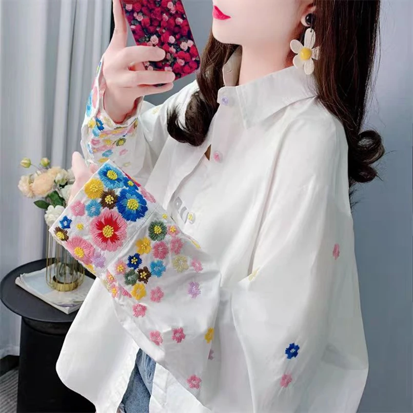 2023 frühling Sommer Trend Stickerei Baumwolle Blusen Shirts Für Frauen Lange Hülse Lose Beiläufige Shirts Tops Camisas De Mujer