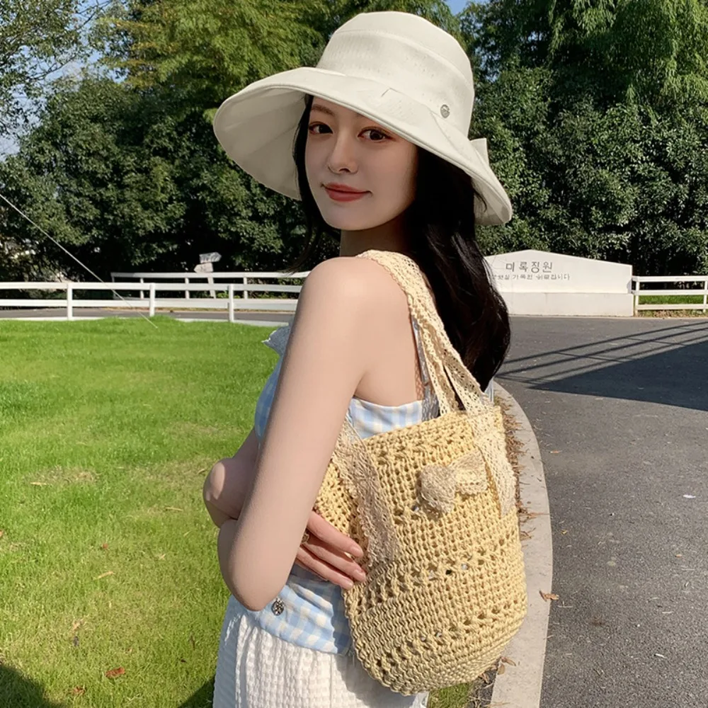 

Trendy Sweet Women Straw Woven Bag Lazy Style Hollow Out Knitted Handbag Foldable Soft Underarm Bag Vacation