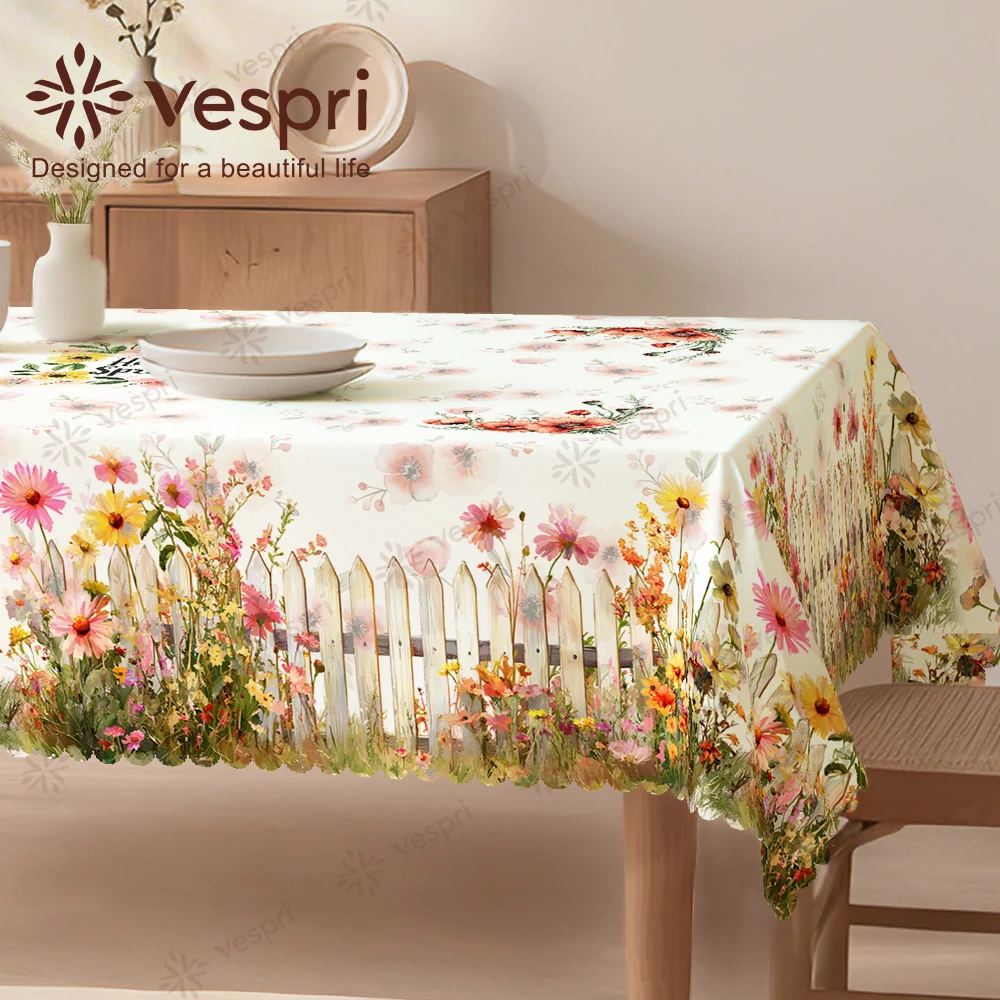 Floral Tablecloth with Garden Fence, Flowerpots, Daisies for Indoor/Outdoor Camping decor, Rectangular/Round/Oval
