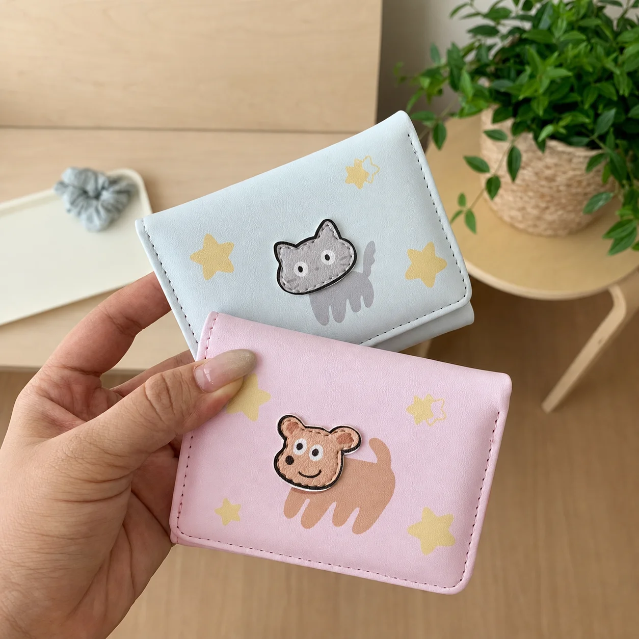Portable Cartoon Bear Dog Rabbit Cat Tri-fold Wallet Printing Korean Style PU Leather Wallet Multi-Slot Folding Card Holder Girl