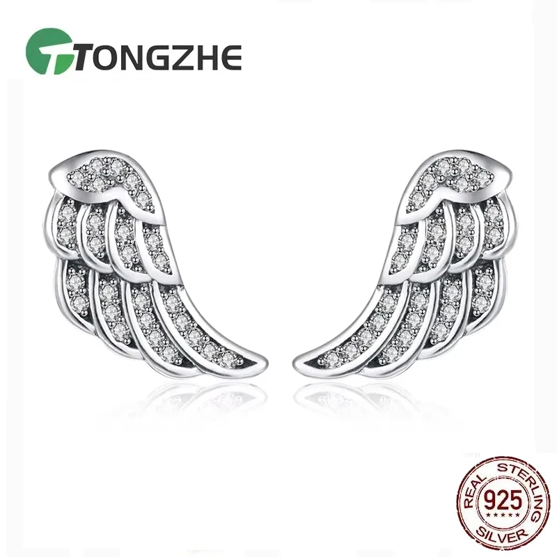

TONGZHE Men Women Angel Wings Stud 925 Earrings Sterling Silver Earring Studs Feather Flying Wing CZ Stones Jewelry Gift