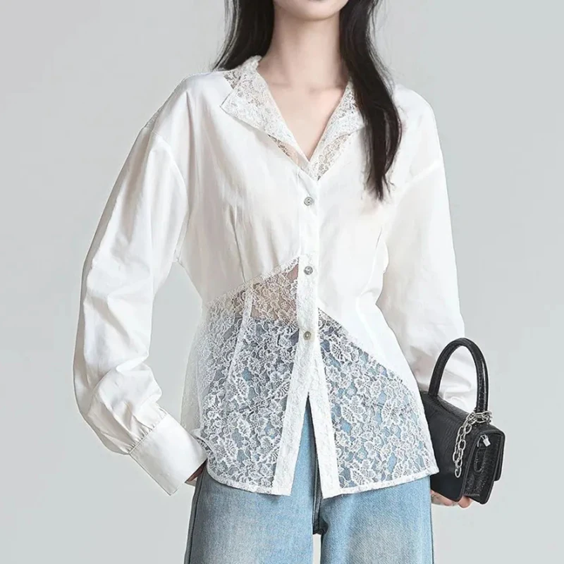 Koronkowe ażurowe bluzki damskie wiosna jesień długi rękaw patchworkowa seksowna bluzka francuska elegancka luźna codzienna szykowna biała koszula damska
