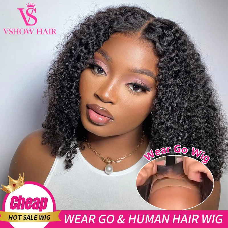 

Wear And Go Mongolian Kinky Curly Human Hair Wigs Pre Plucked Short Bob 6x4 HD Glueless Curly Lace Closure Wigs For Black Women