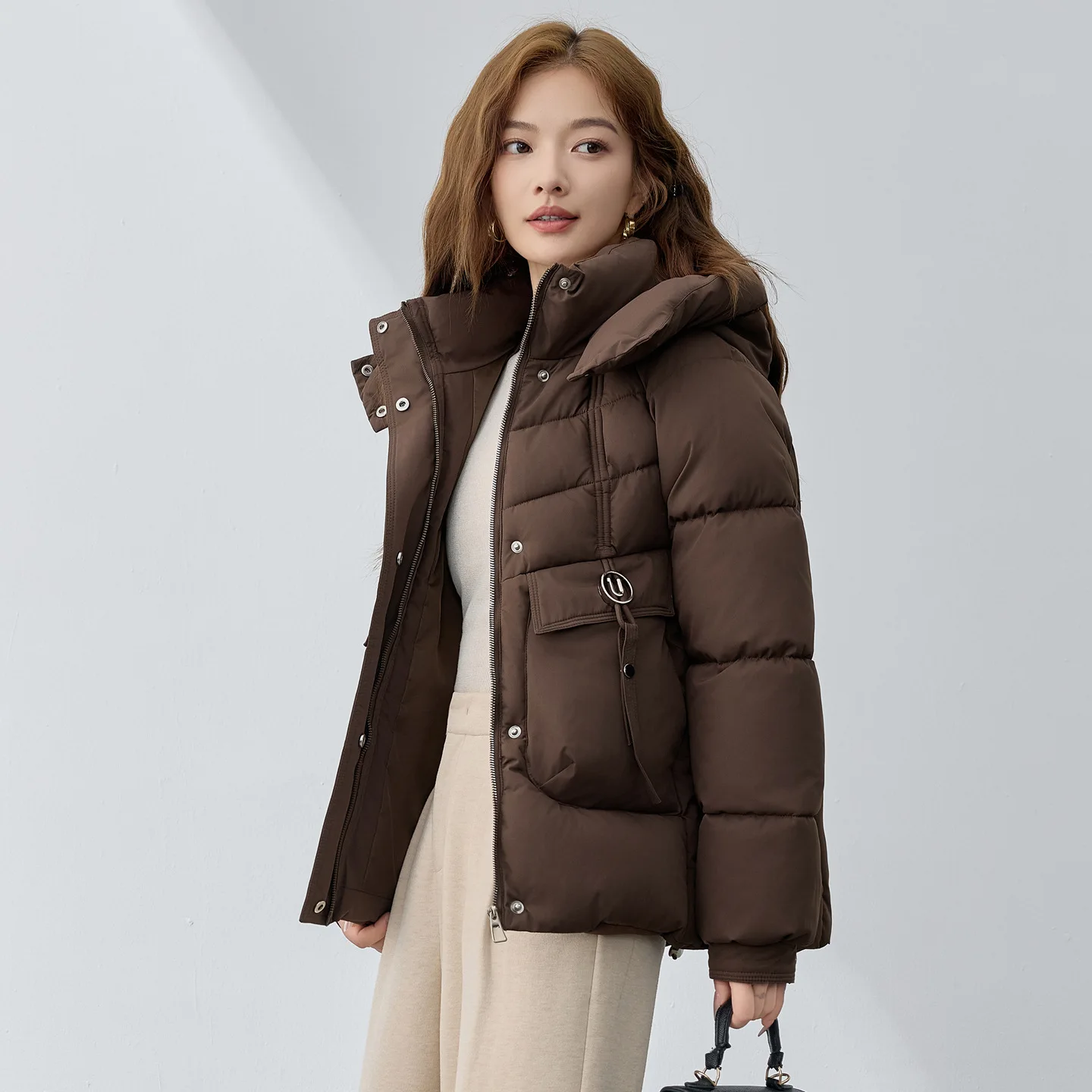 

Ladies' Short Cotton-padded Coat Winter Fashionable Warm Thickened Pockets Parkas Zipper Button Closure Hooded Down Jacket