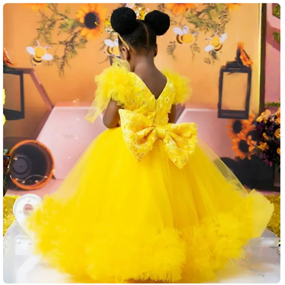 

Yellow Flower Girl Dresses First Birthday Party Short Sleeve Tulle Princess Ball Gowns Girls Dress For Wedding Party