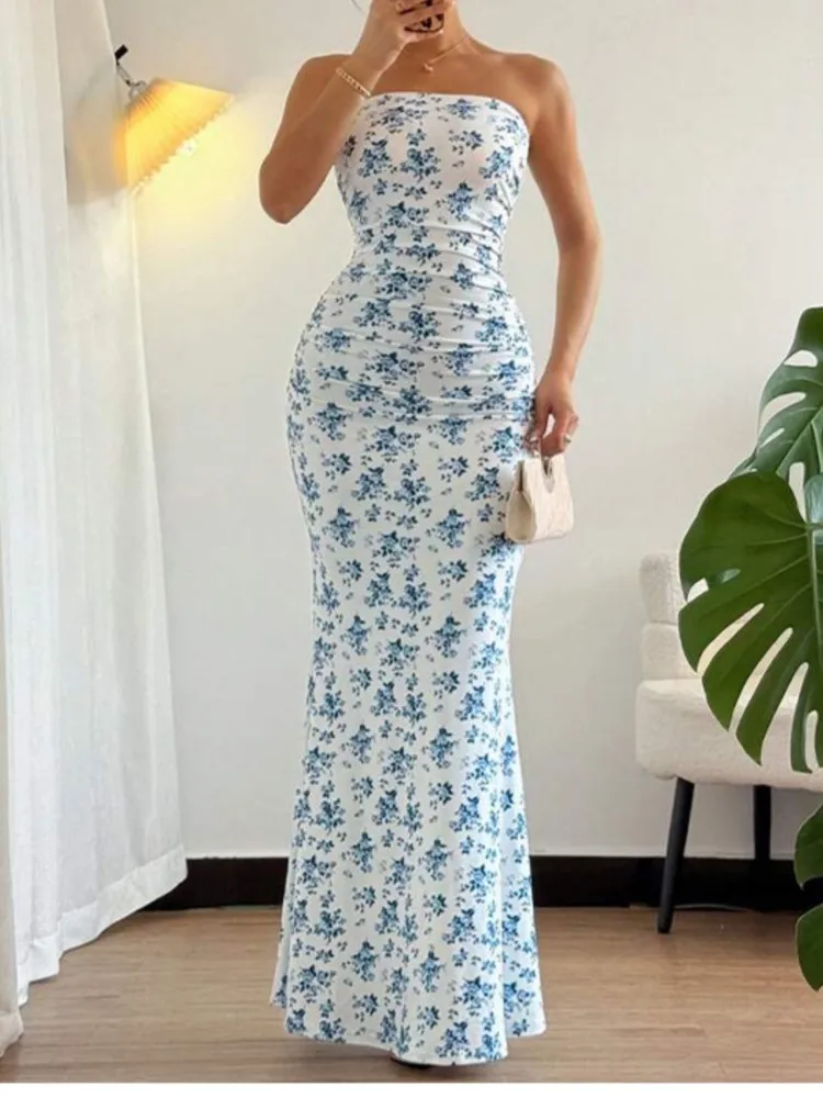 Abito slim stampato alla moda sexy da donna, temperamento da donna, ragazza calda elegante, petto, abiti lunghi a coda di pesce senza vita e senza schienale