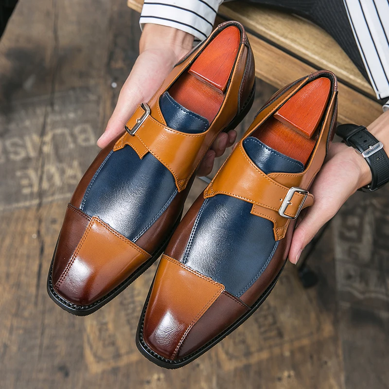 Classic Monk Leather Man Shoes Color Block Round-Toe Buckle Business Dress Leather Shoes Man Casual Wedding Party Shoes For Man