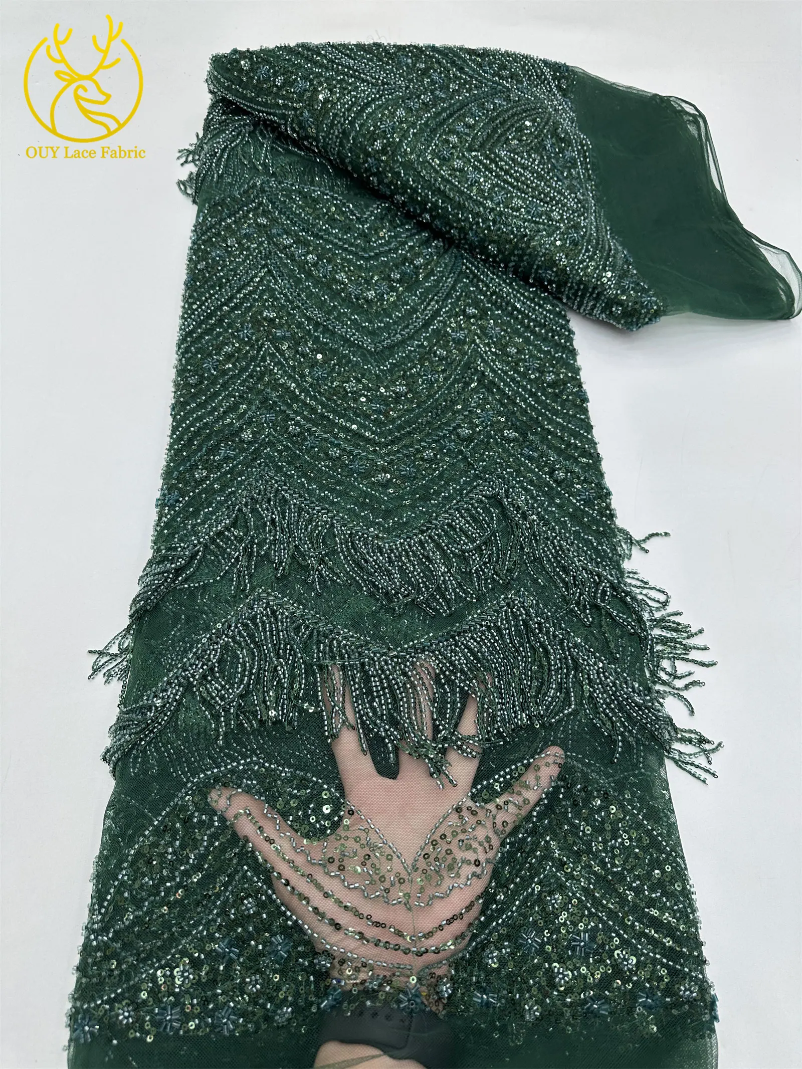Hochwertiger 3D-Quasten-Perlen-Spitzenstoff, goldfarbener afrikanischer Perlen-Pailletten-Spitzenstoff, französische Tüllspitze für Hochzeitskleider, 5 Yards – Detail 27