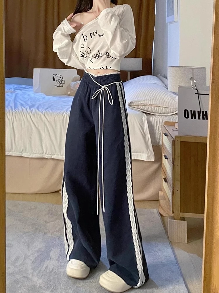 American Style High Waist Lace Trim Wide Leg Pants Women Casual Straight Loose Fitting Floor Length Trousers Spring Autumn