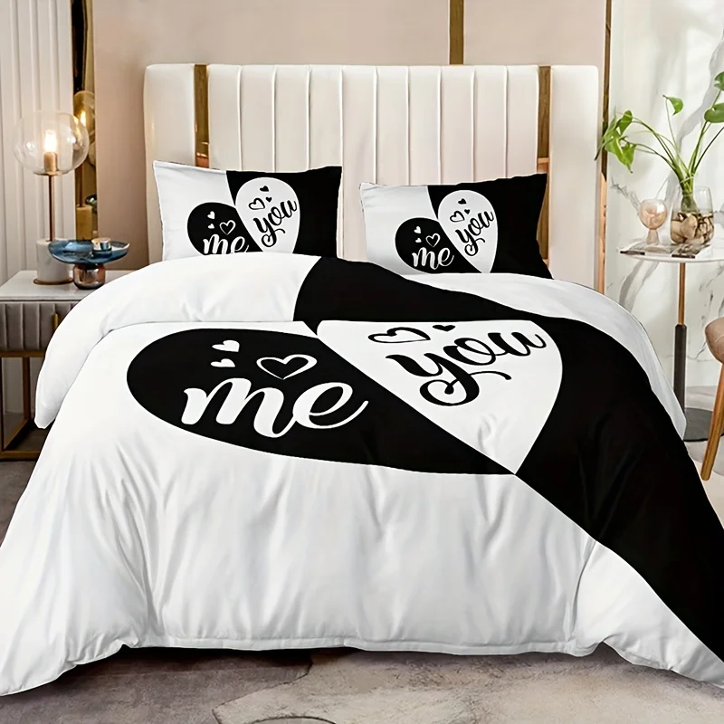 3pcs Duvet Cover Set Black And Red Heart Pattern Bedding Set Soft Duvet Cover For Bedroom Guest Room 1*Duvet Cover+2*Pillowcase
