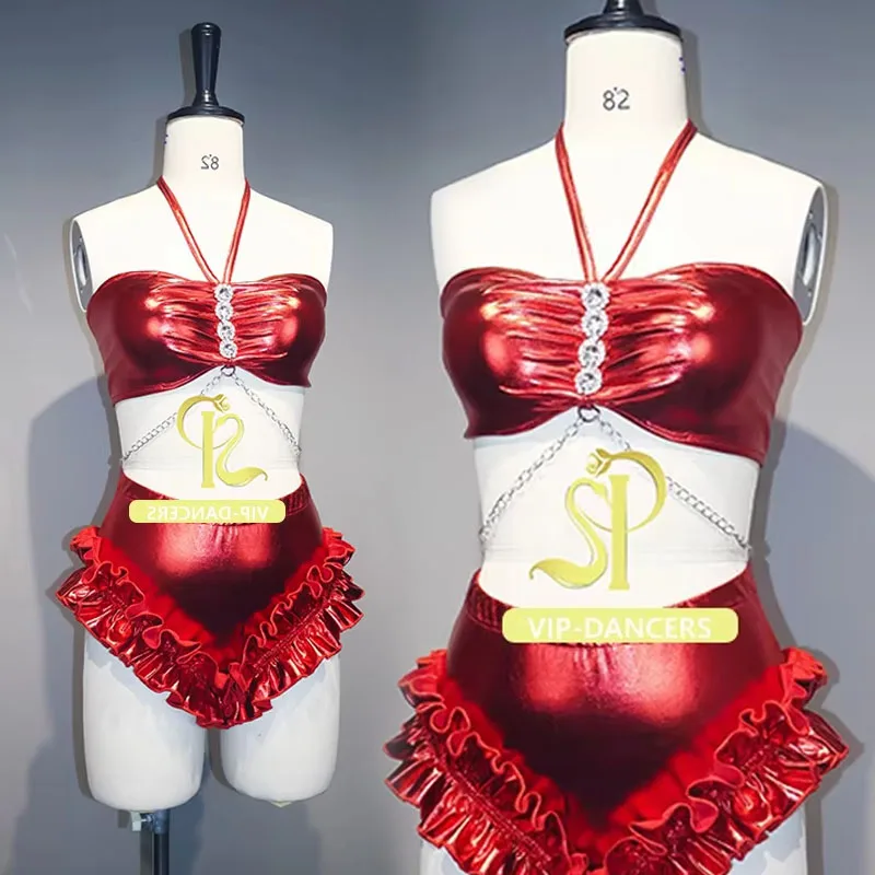 مثير القطب أزياء رقص جوجو ملابس الرقص الأحمر الرسن القمم بيكيني حفلة عيد الميلاد الهذيان الزي النساء ملهى ليلي القطب ارتداء 1814