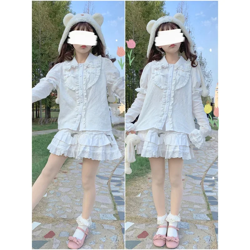 Hete Japanse Schattige Lolita Blouses Vrouwen Kawaii Jk Shirt Tops Meisjes Lieve Afneembare Mouwen Chique Blouse 3 Kleuren