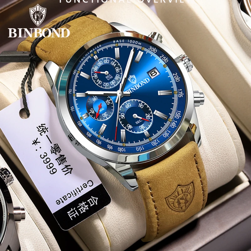 BINBOND Luxury Man Watch High Quality Waterproof Chronograph Luminous Men\'s Wristwatch Leather Men Quartz Watches Casual Clock