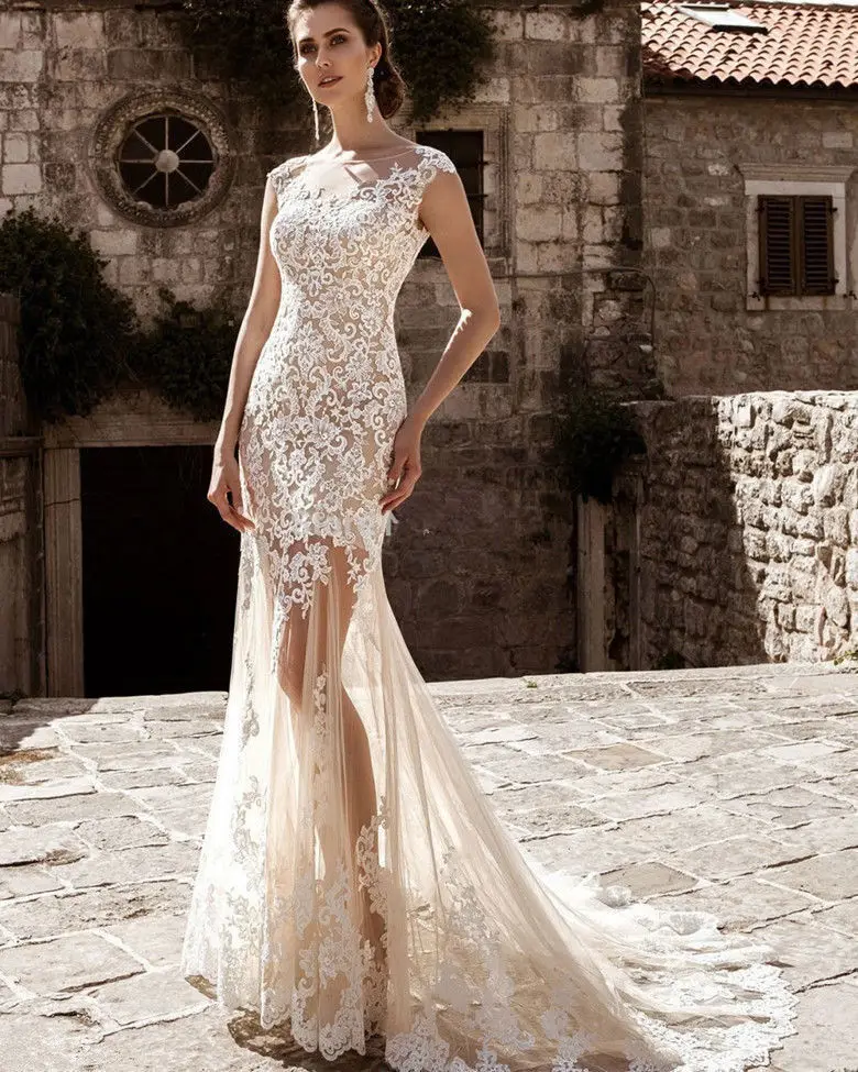 Abito da sposa con spacco in tinta unita MK1456-Printed