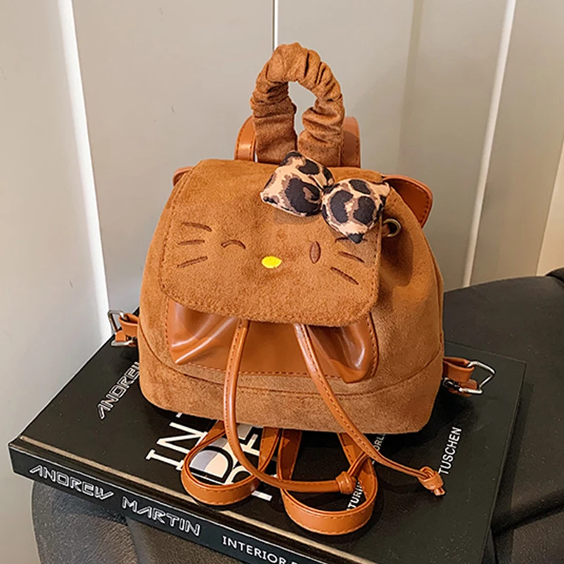 

Vintage Faux Suede Girls' Backpack Winter New Cartoon Hello Kitty Pink Mini Schoolbags Drawstring Sweet Cute Kids Handbag