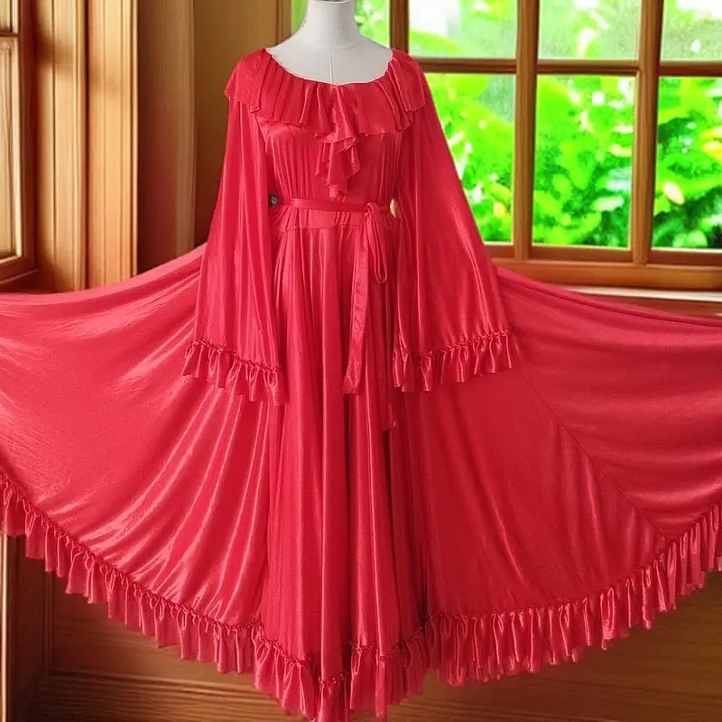 Glossy Red Women Ruffles Satin Long Sleeve Dress With Sash Loose Maxi Dress Plus Size Sleeping Robe