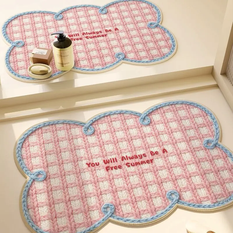 VIKAMA Korean Plaid Text Floor Mat, Anti Slip And Absorbent Cute Floor Mat, Suitable For Bathroom Door Home Decoration