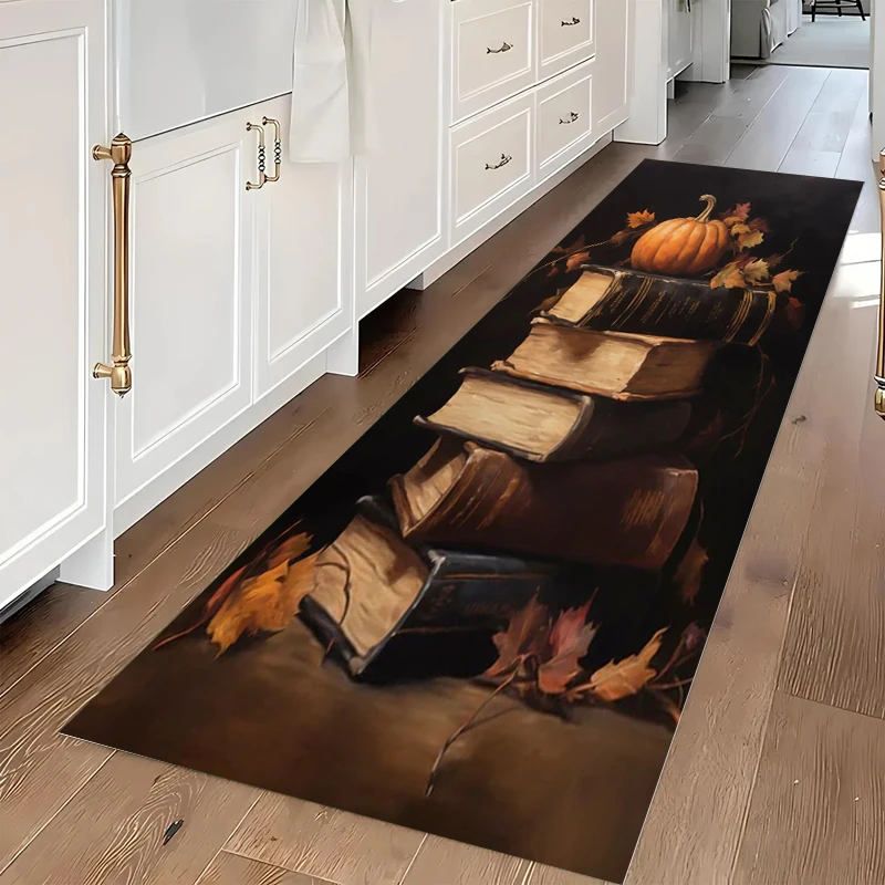 Retro Oil Painting Book Stack Long Runner Rug Soft Non-Slip Carpet for Laundry Room Kitchen Living Room Bedroom Study Decor