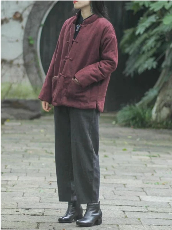 Thiened ort Cotton Jaet レディース スタンドカラー ボタンアップ 暖かい 冬 アウター レトロ スレ 通勤に優しい ストレートカット