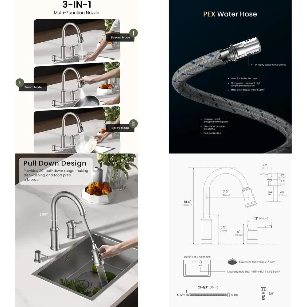 

Stainless Steel Single Handle Pull-Down Spray Kitchen Faucet with 3-Hole Mount and Soap Dispenser