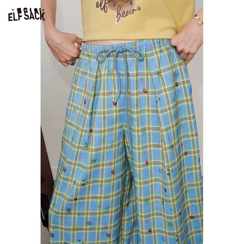 ELFSACK 2025 Summer New Arrival Loose Casual Clash Of Colours Plaid Star Wide Leg Trousers Leisure Straight Trousers For Woman