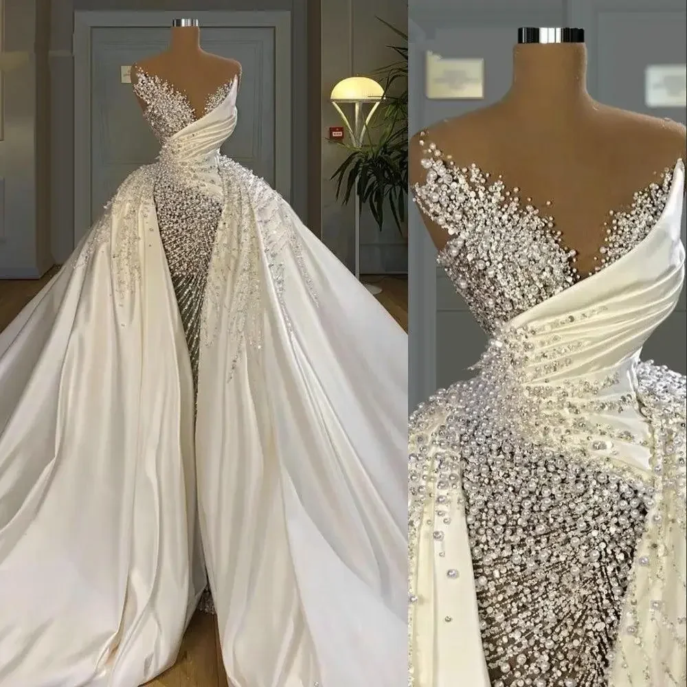 

Customized Mermaid Wedding Dresses Luxury Illusion Crystal Beads Pearls Overskirts Satin Beading Plus Size Custom Bridal Gown