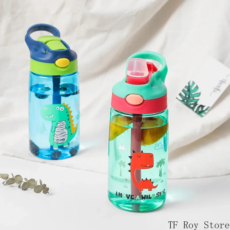 Gobelet à eau portable étanche avec paille pour enfants, tasse à eau de dinosaure de dessin animé, HI pour l'école, l'été, l'extérieur, 480ml