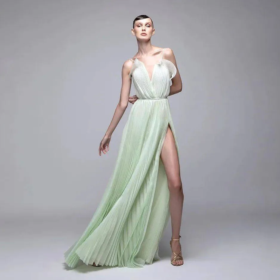 Mint Green Party Dresses Spaghetti Flowers Ruffles Sexy Split Formal Prom Dress Pleated Floor Length Women Maxi Dress Tulle