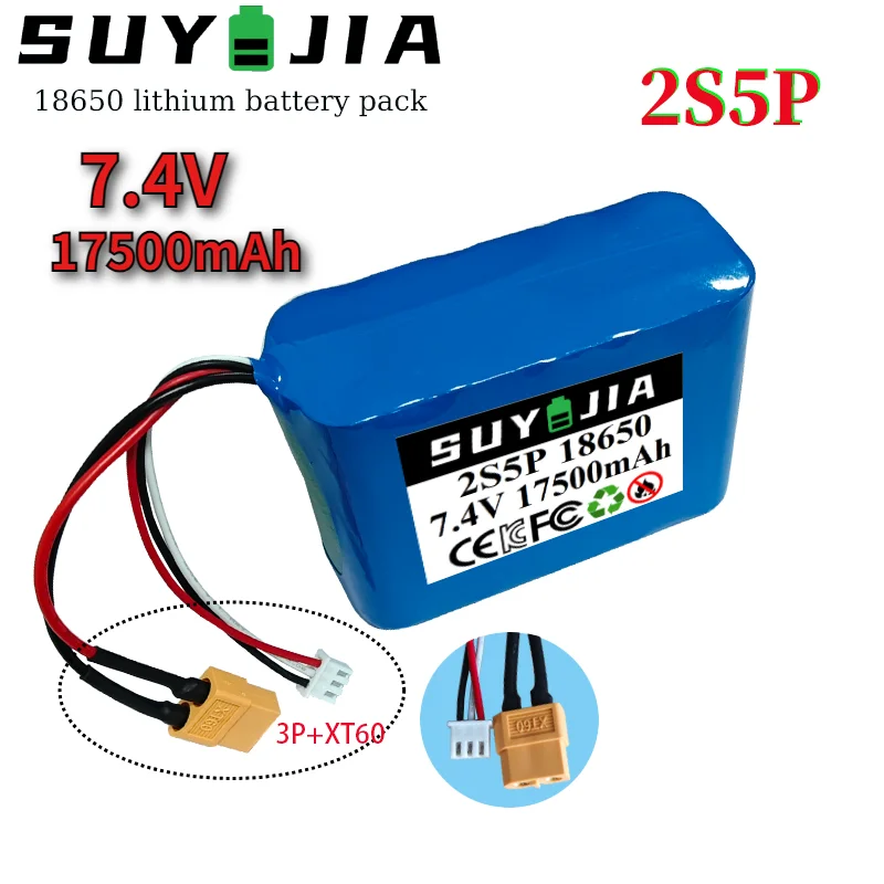 7.4V 17.5Ah 18650 2S5P Rechargeable Lithium Ion Battery Pack  Plug Can Be Customized 3P XT60 for Various RC Airplane Quadrotor