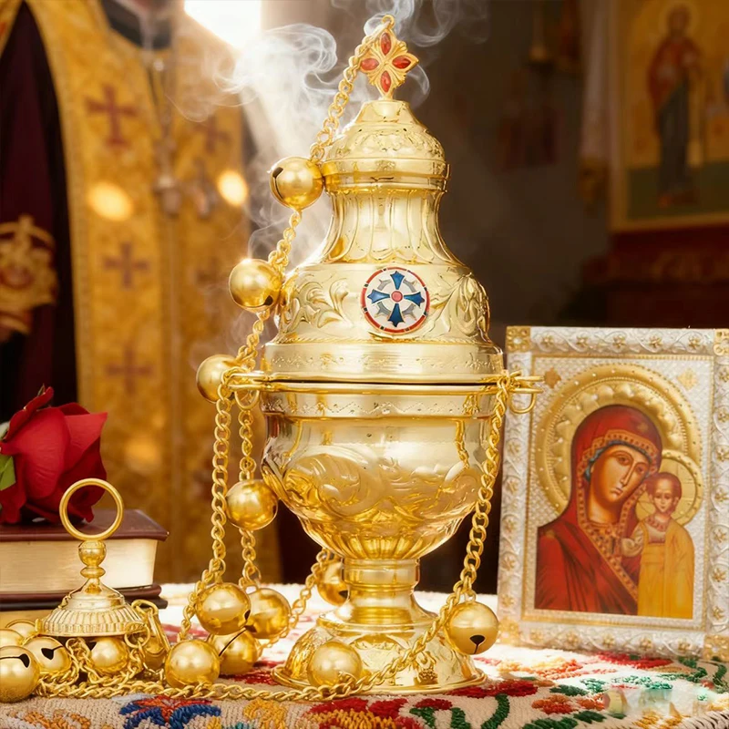 Neuer orthodoxer Weihrauchbrenner mit Kette und Glocken aus vergoldeter Zinklegierung, für Kirchenzeremonien, mit traditionellem Design, Geschenk. – Detail 11