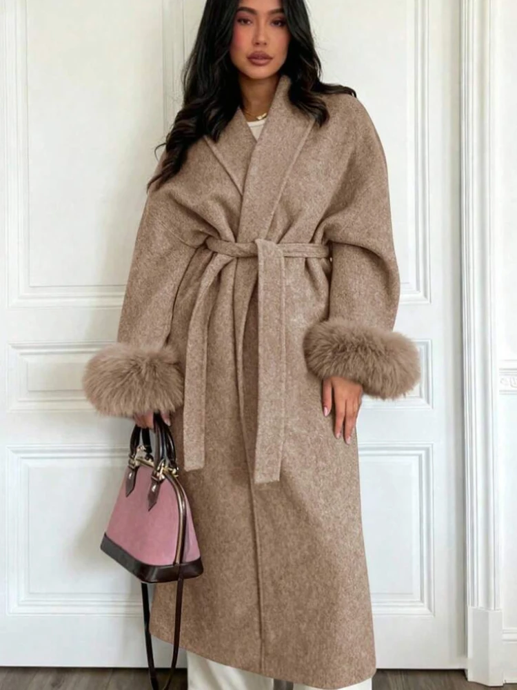 Women's Wool Blends Coat Short Belted Wool Coat with Shawl Collar Fur Cuff Wrap Coat Thick Warm Winter Premium for Formal Wear