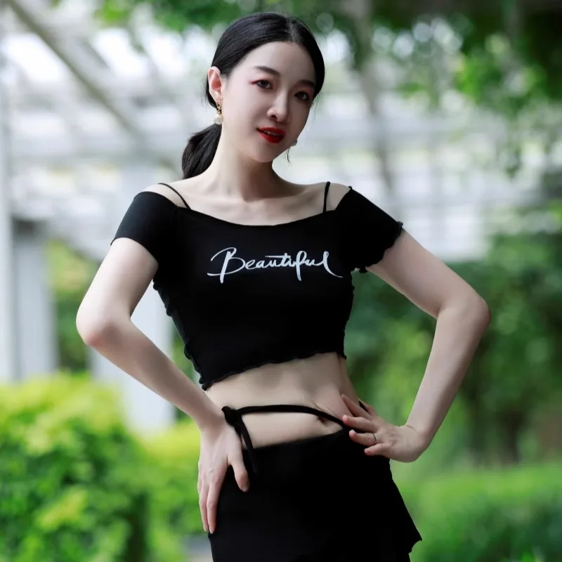 Dostosowany krótki T-shirt z krawędzią liścia lotosu Lyocell kostiumy do tańca brzucha strój do ćwiczeń Top joga Pilates kobiety