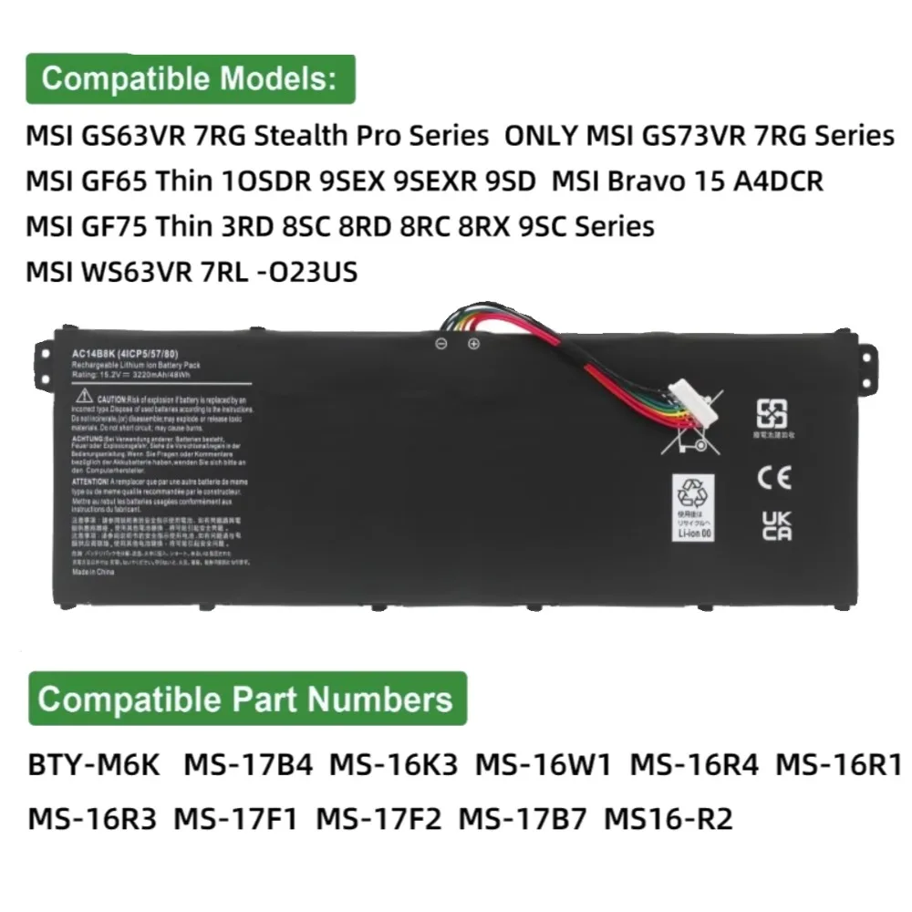 AC14B8K Battery for Acer Nitro 5 AN515 AN515-52 AN515-53 Aspire R3-131T ES1-111 V3-111 AC14B3K AC14B7K AP14B8K AC14B18K