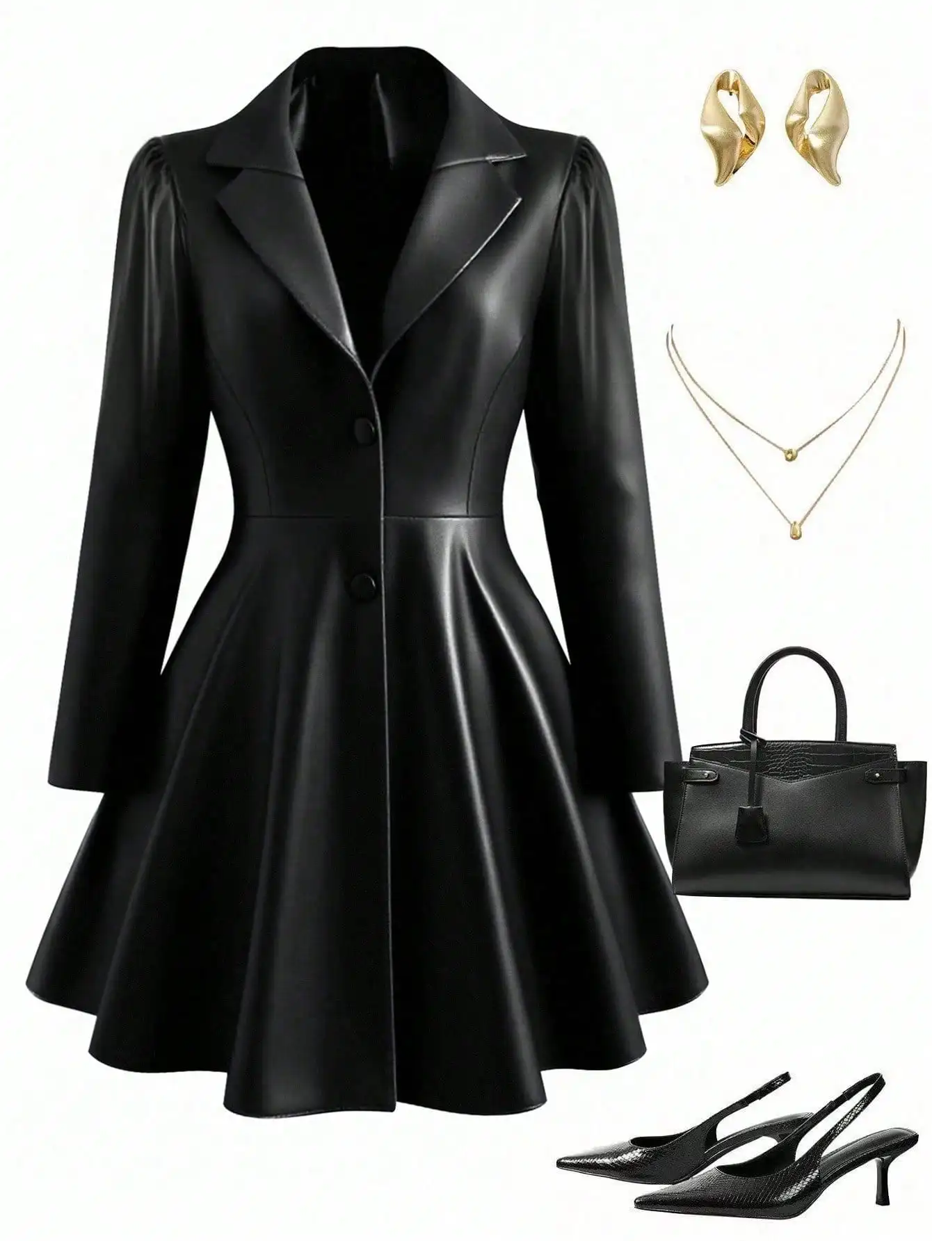 

Черное пальто-свинг из искусственной кожи с поясом для женщин, элегантная осенне-зимняя верхняя одежда