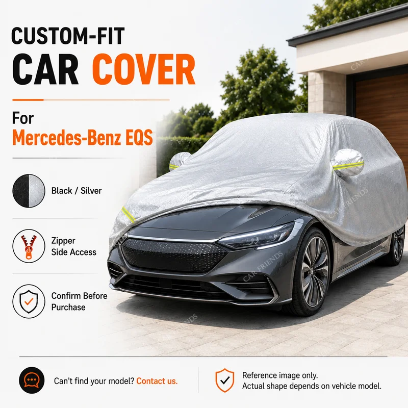 For Mercedes-Benz EQS Custom Fit Full Car Cover Silver-Coated Oxford Fabric Side Zipper Access UV Protection Outdoor Parking