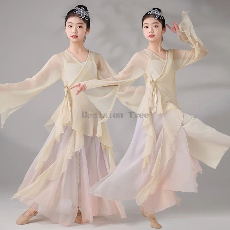 2026 new children's classical dance costume girls top pants straps 3-piece set chinese ancient dance performance training set