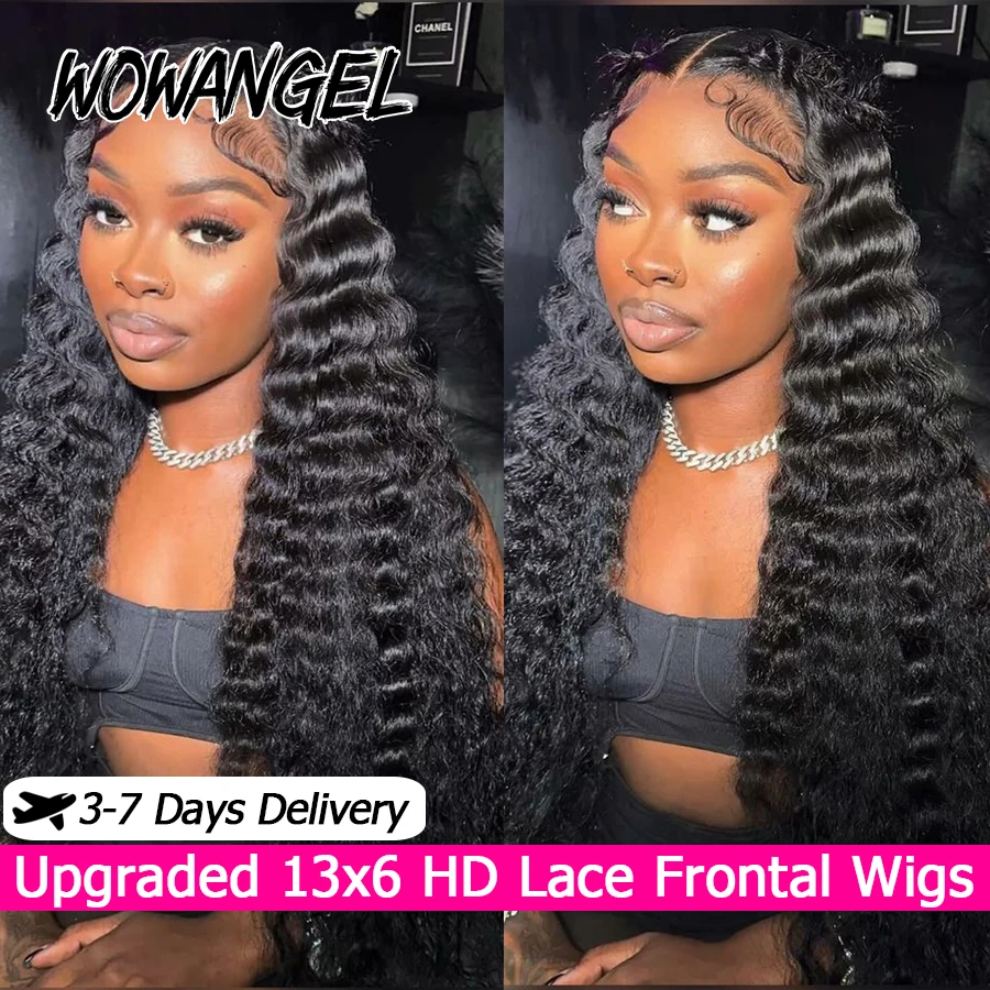 Wow Angel Deep Wave Wigs 13x6 HD Lace Frontal Wigs Human Hair 250% Skins Melted HD Lace Front Curly Wigs Pre Plucked For Women