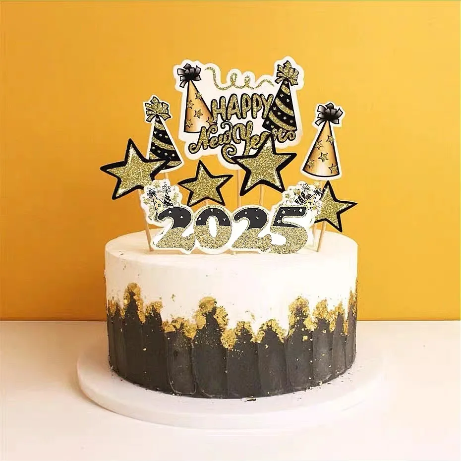 

1set Glitter Black Gold 2025 Happy New Year Cake Decoration New Year's Eve Birthday Party Dessert Cake Topper Baking Accessories