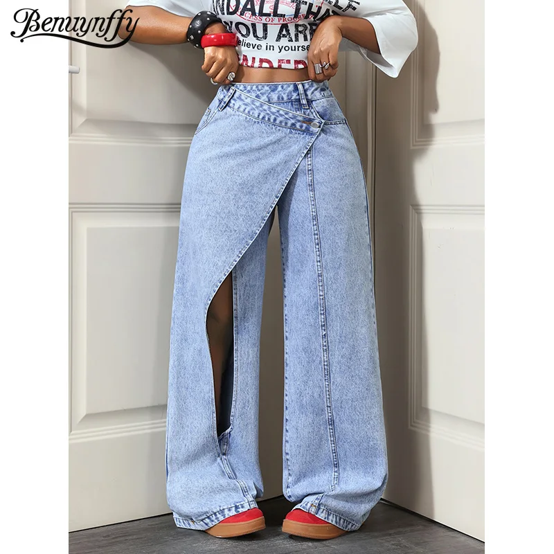 Benuynffy Asymmetrical Waist Split Baggy Jeans Women American Fashion Y2k Vintage Streetwear Casual Female Wide Leg Denim Pants