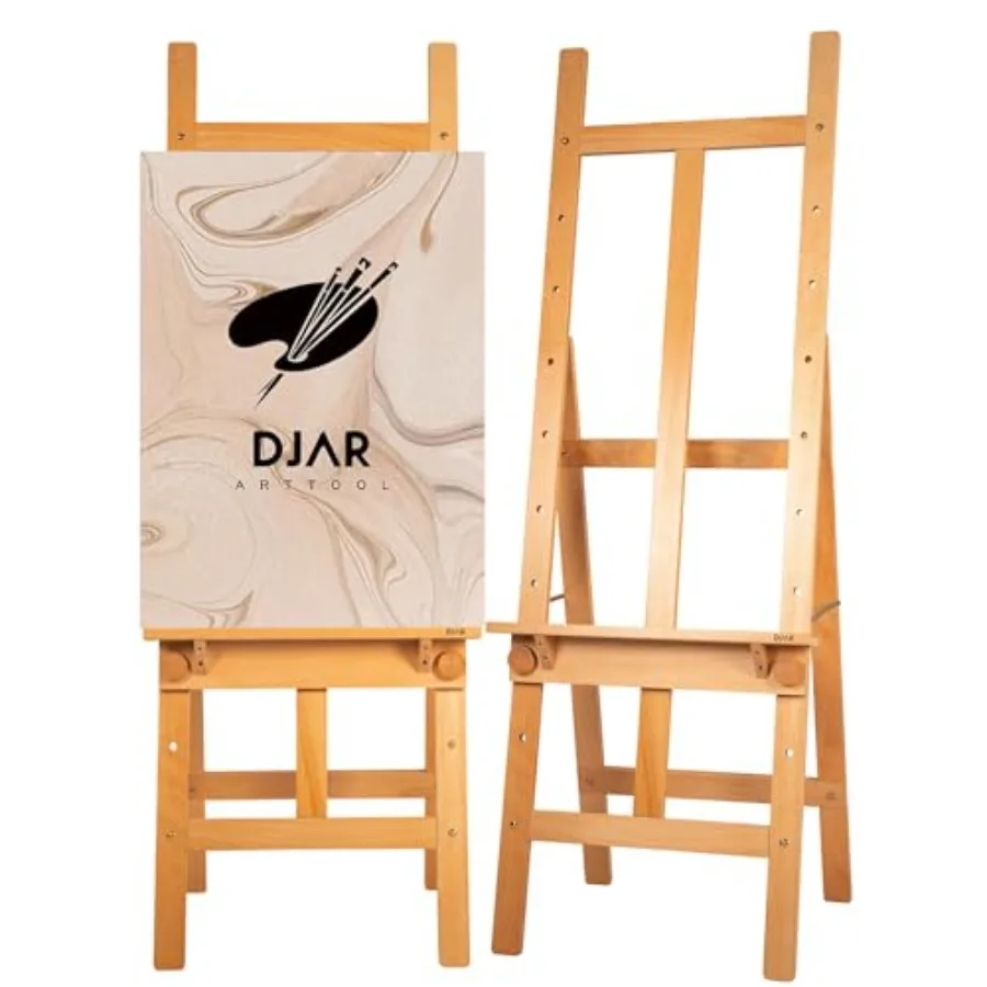

Art studio wooden H-frame easel with adjustable storage tray, beech wood, natural color, lightweight and foldable for painters
