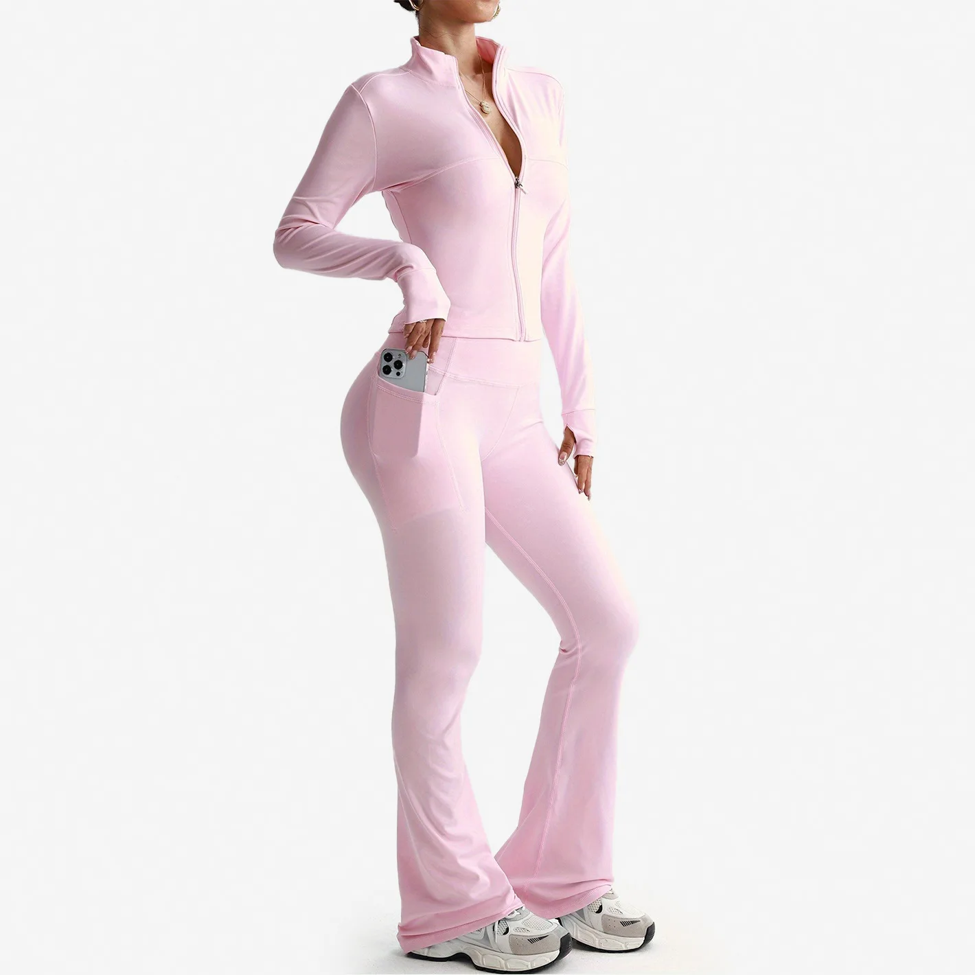 

Быстросохнущие женские комплекты из 2 предметов для йоги телесного цвета, куртка с длинными рукавами + брюки-клеш с высокой талией, удобные спортивные костюмы для занятий спортом и фитнесом